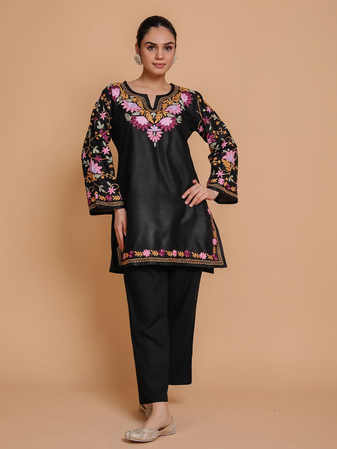 HOUSE OF KARI Black Floral Embroidered Pastels Cotton Straight Kurta
