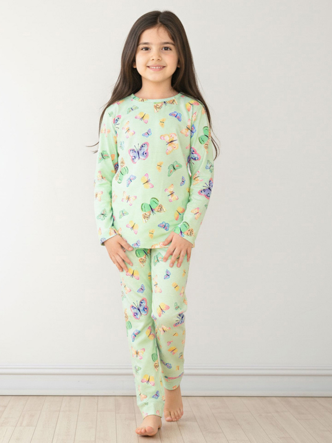 Anthrilo Girls Pure Cotton Butterfly Printed T-shirt & Pyjamas Night suit