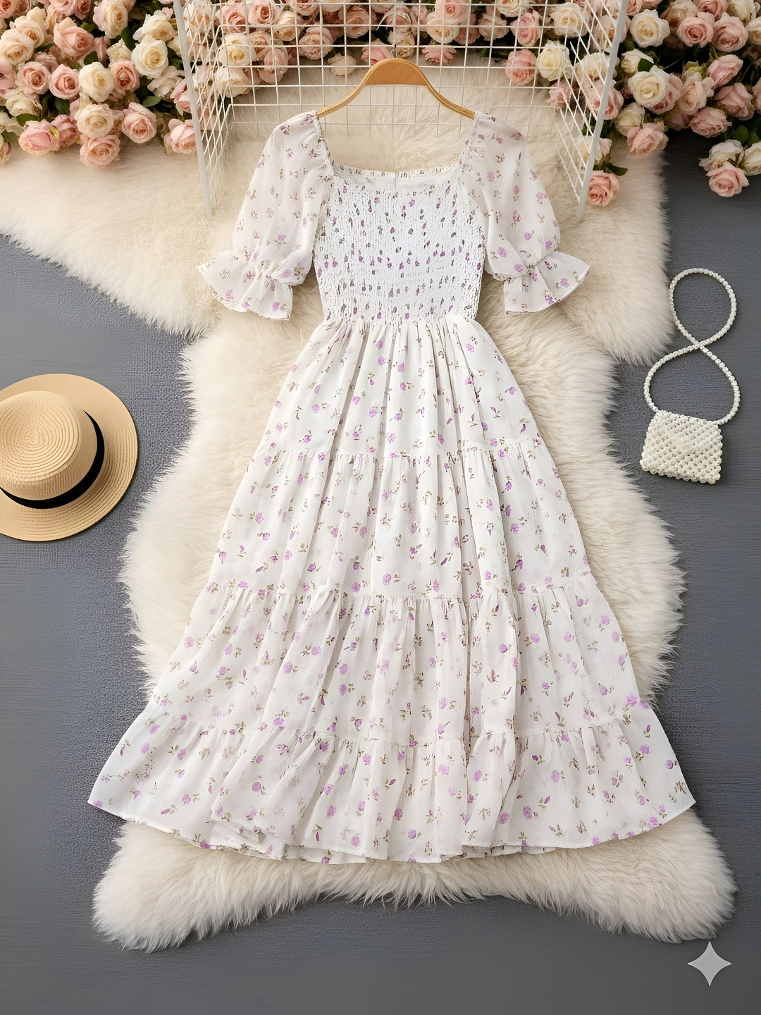 FIXOCRA Floral Print Puff Sleeve Georgette A-Line Midi Dress