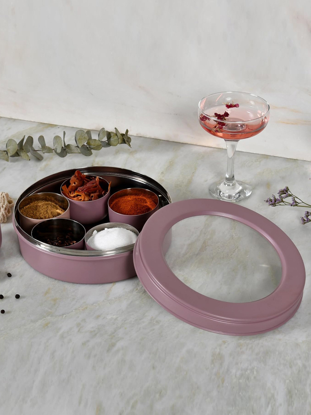 Living With Elan Mauve 7 Compartment Stainless Steel Spice Box with Spoon 1500 ml