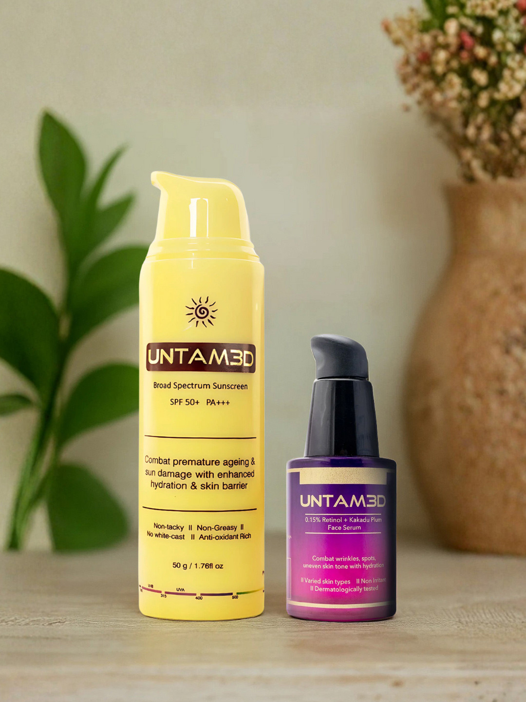 UNTAM3D Set of 2 Brightening Combo Retinol Night Serum (30ml) & SPF 50 Sunscreen (50gm)