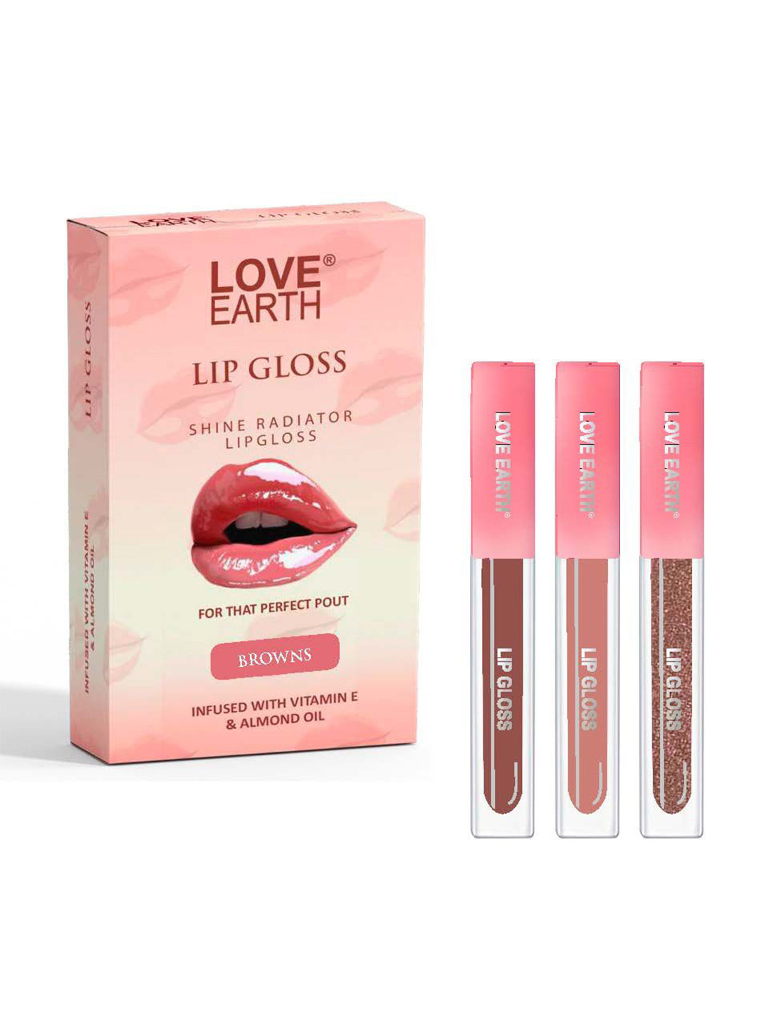 LOVE EARTH Set Of 3 Liquid Lip Gloss Enriched-2ml Each - Browns