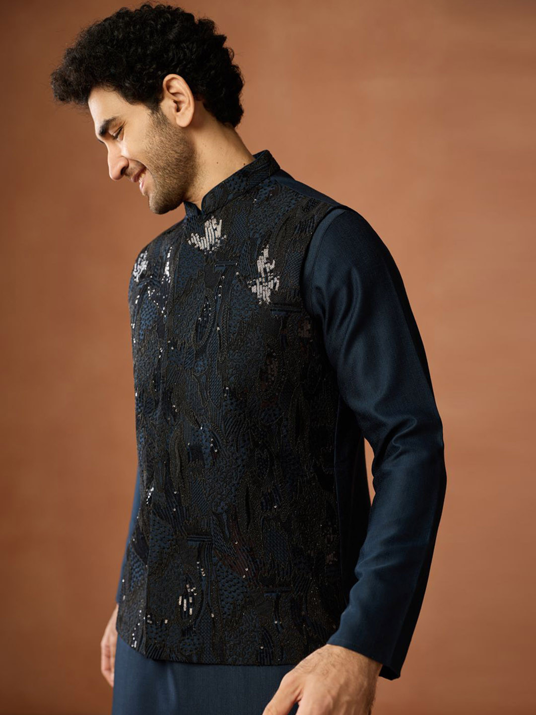 KISAH Men Navy Blue Nehru Jacket Sequin Embroidered Festive & Wedding Bundi