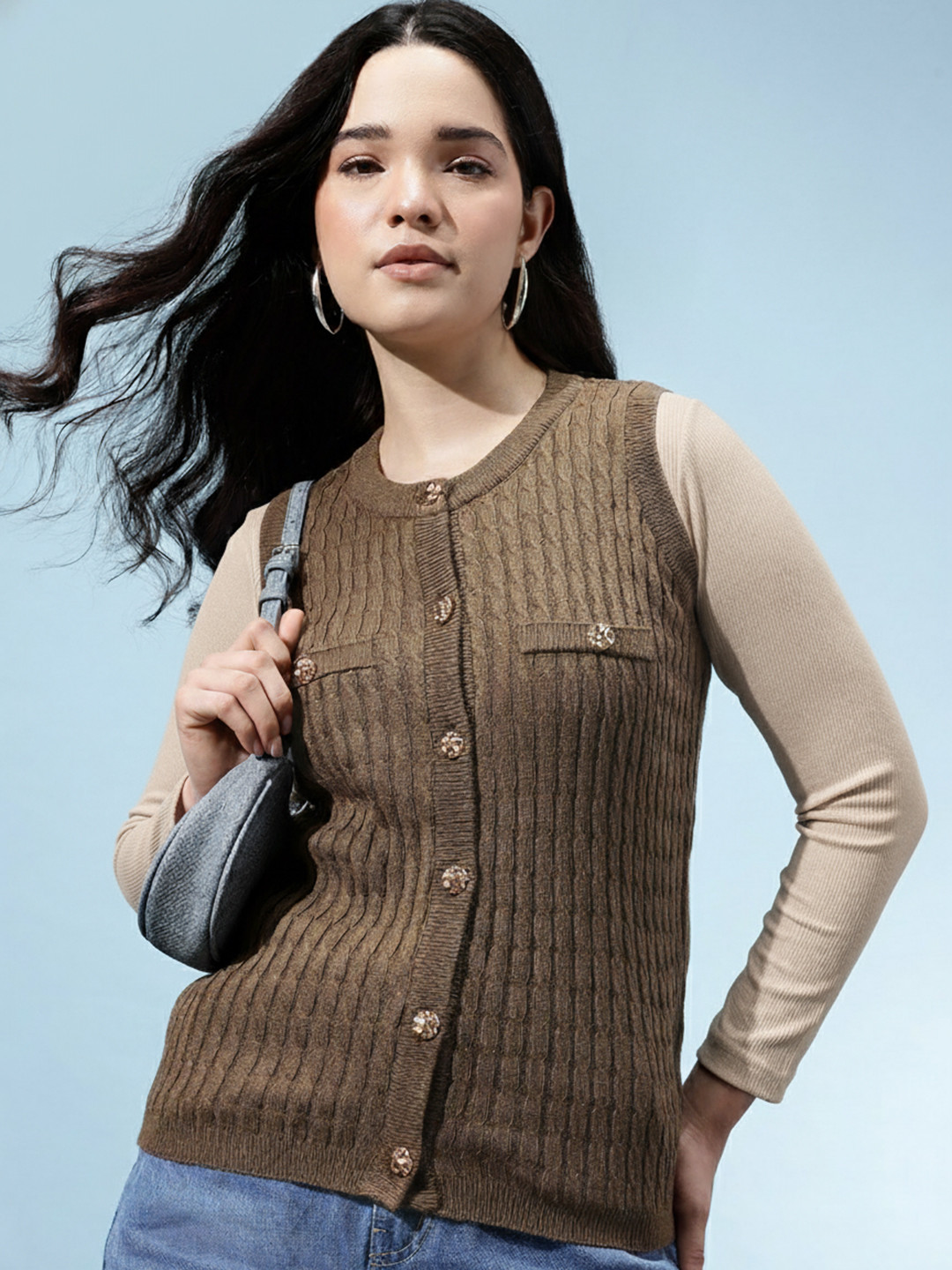 glitchez Women Mock Details Cable Knit Cardigan