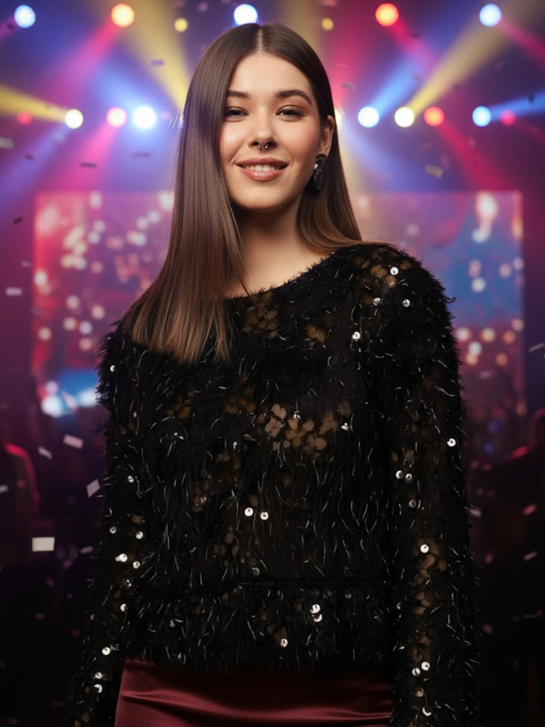 Sera Women Party Embellished Fur sequin top