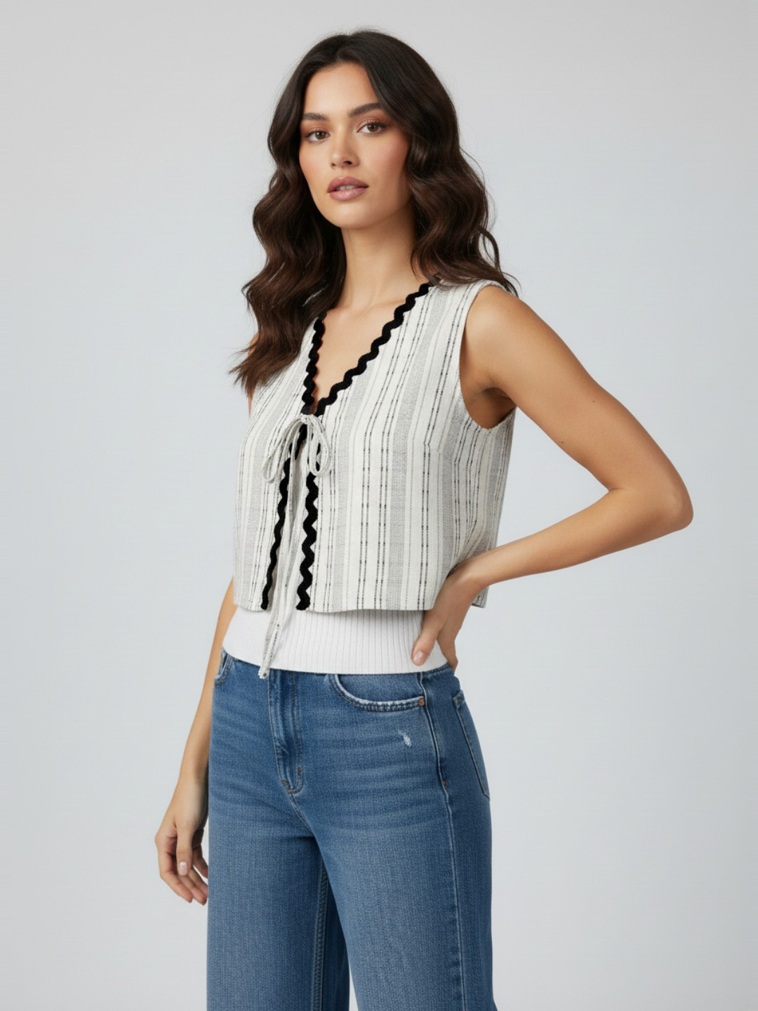 glitchez Vertically Striped Lace Insert Detail Pure Cotton Crop Vest Top