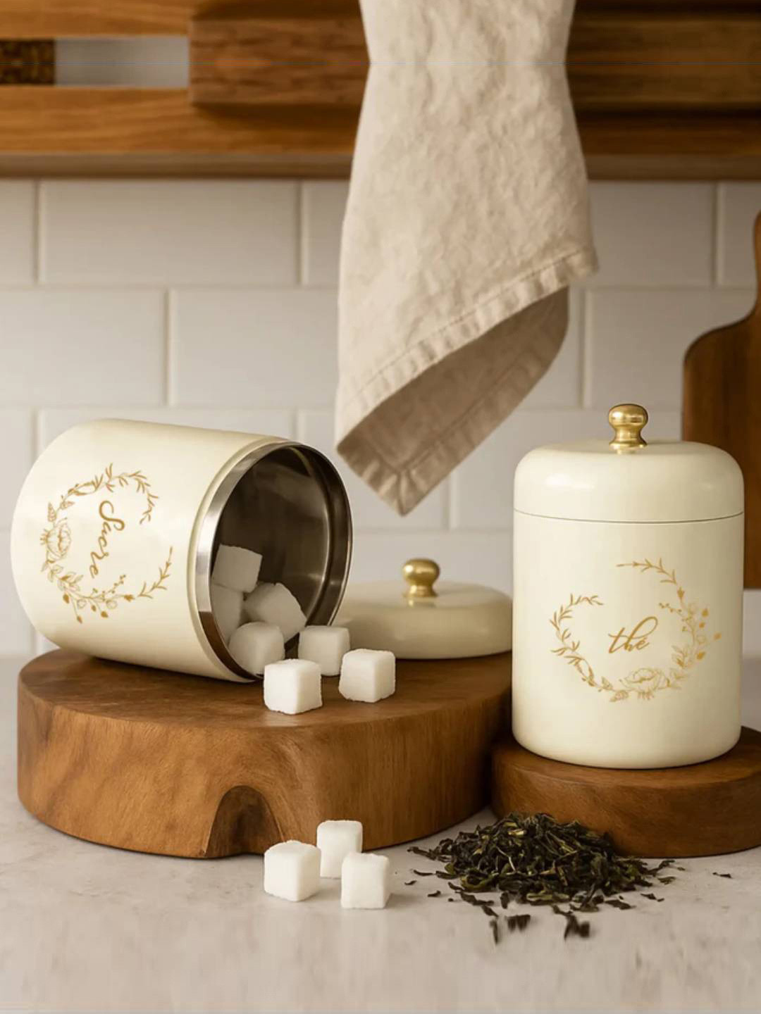 Living with Elan off White Conversational Stainless Steel Easy To Clean 2 Piece Flip Top Canister-400ml