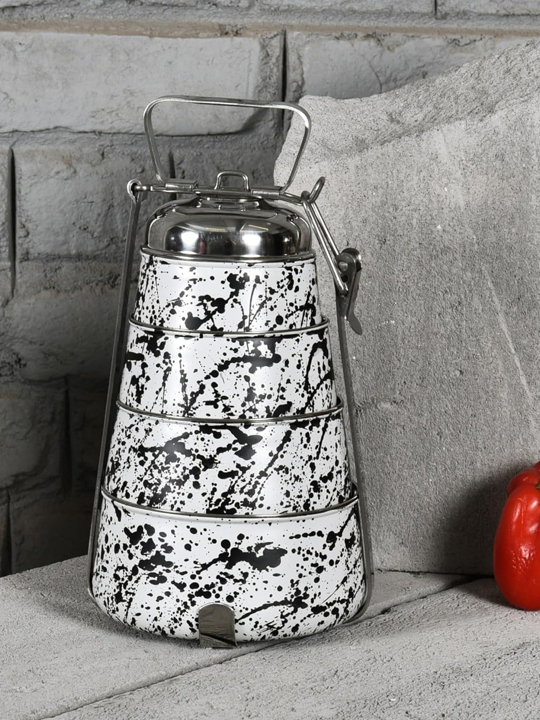 Living With Elan Splatterful Collection 4 Tier Stainless Steel Lunch Box With Spoon & Fork