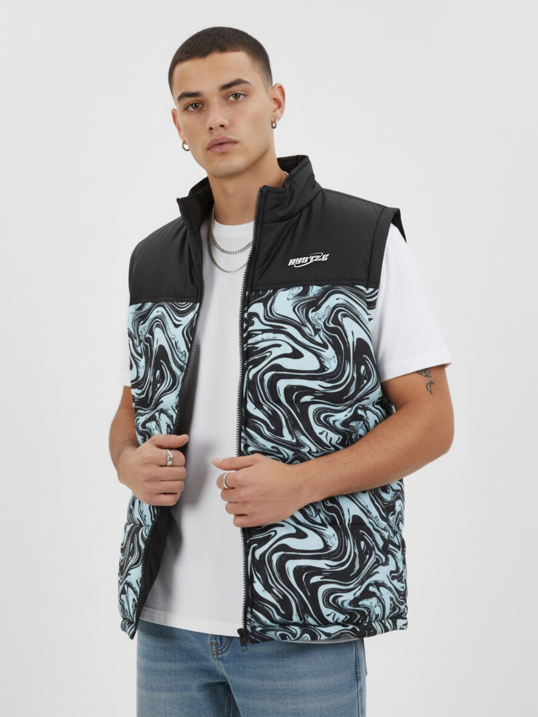 glitchez Abstract Print Mock Collar Puffer Bomber Jacket