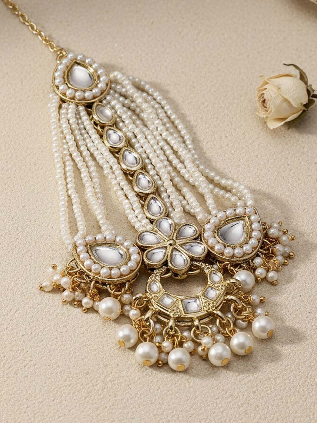 KARATCART Gold-Plated White Kundan-Studded & Beaded Jhumar Passa