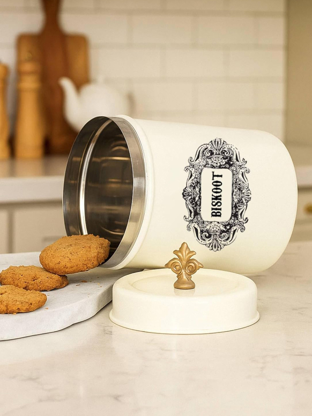 Living with Elan off White Conversational Stainless Steel Easy To Clean Flip Top Canister-500ml