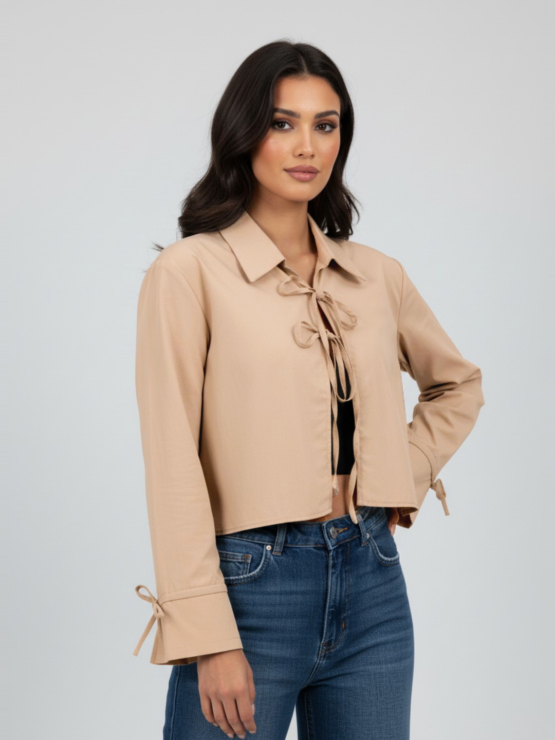 glitchez Pure Cotton Tie-Up Detail Crop Shirt Style Top with High-Low Hem
