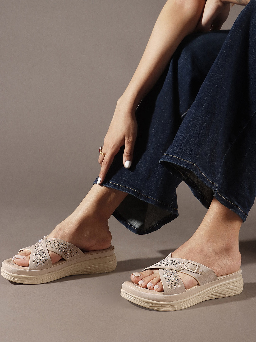 DressBerry Women Cream Casual Criss-cross Flats with Studs