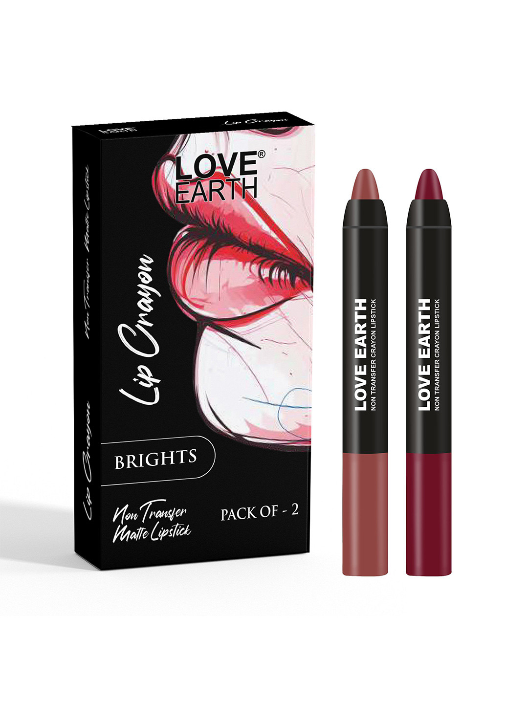 LOVE EARTH Set Of 2 Non-Transfer Matte Crayon Lipstick- 3.5 g Each- Brights