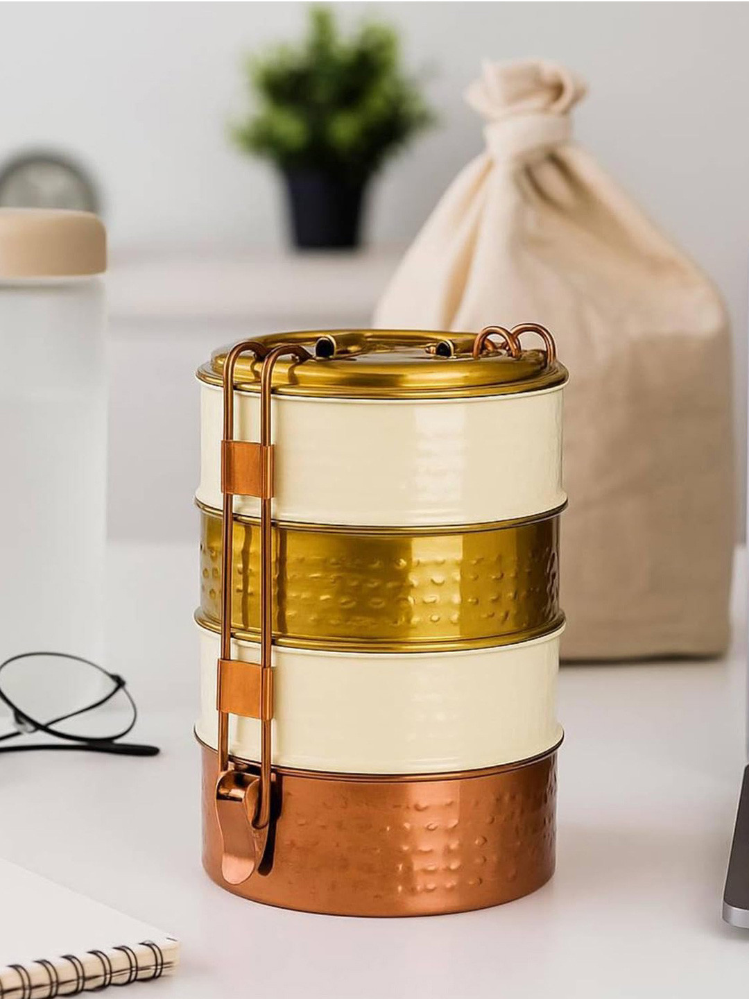 Living With Elan 4 Tier Textured Stainless Steel Lunch Box With Spoon and Fork