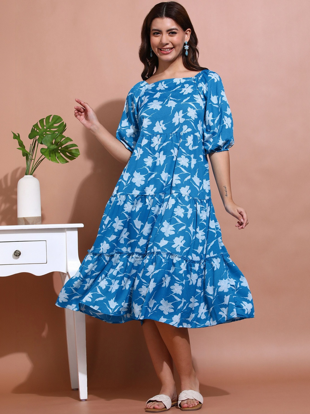Moda Rapido Floral Print Puff Sleeve Crepe A-Line Midi Dress