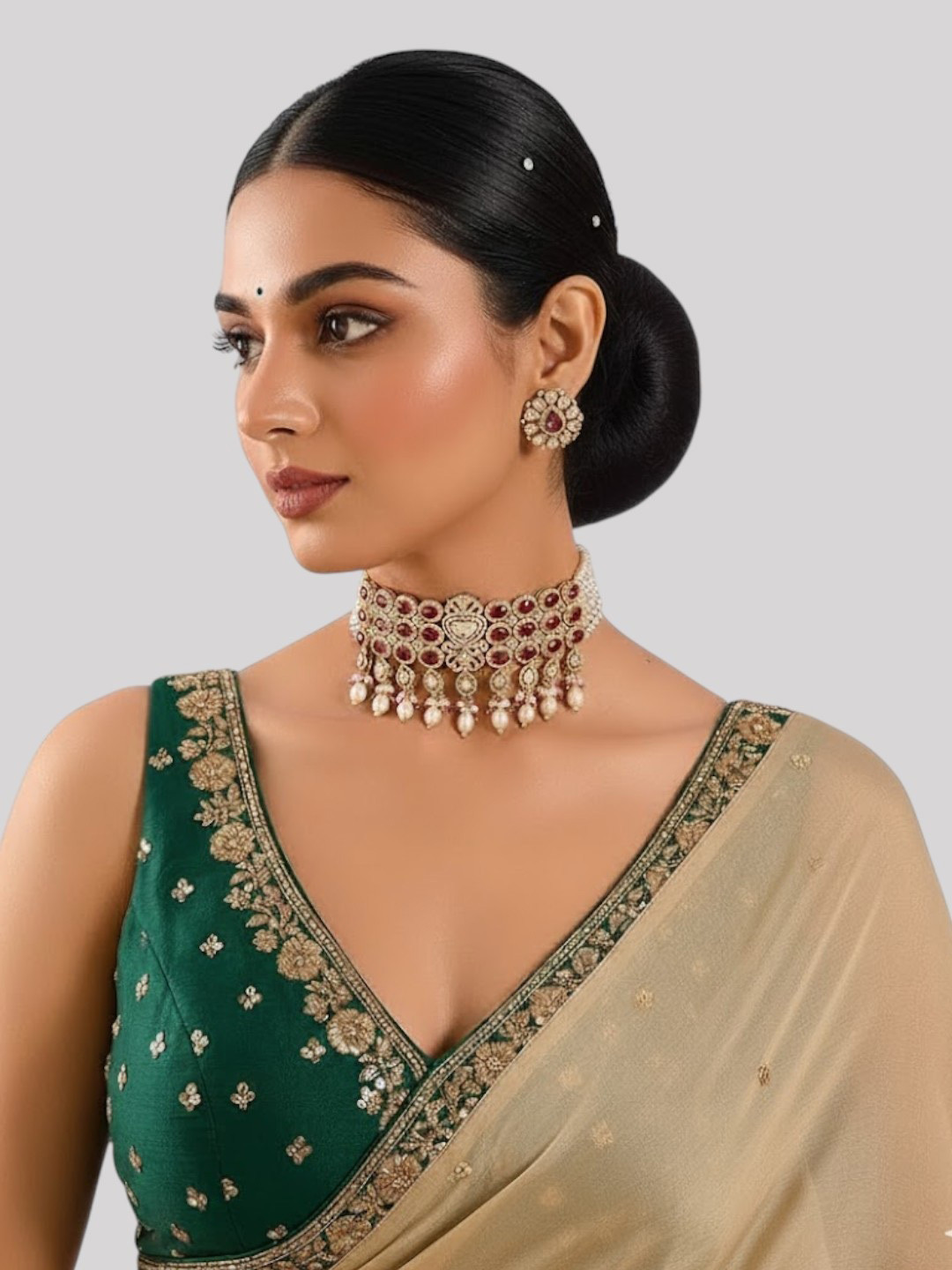 AURAA TRENDS Gold Plated Ruby & Kundan Studded Jewellery Set