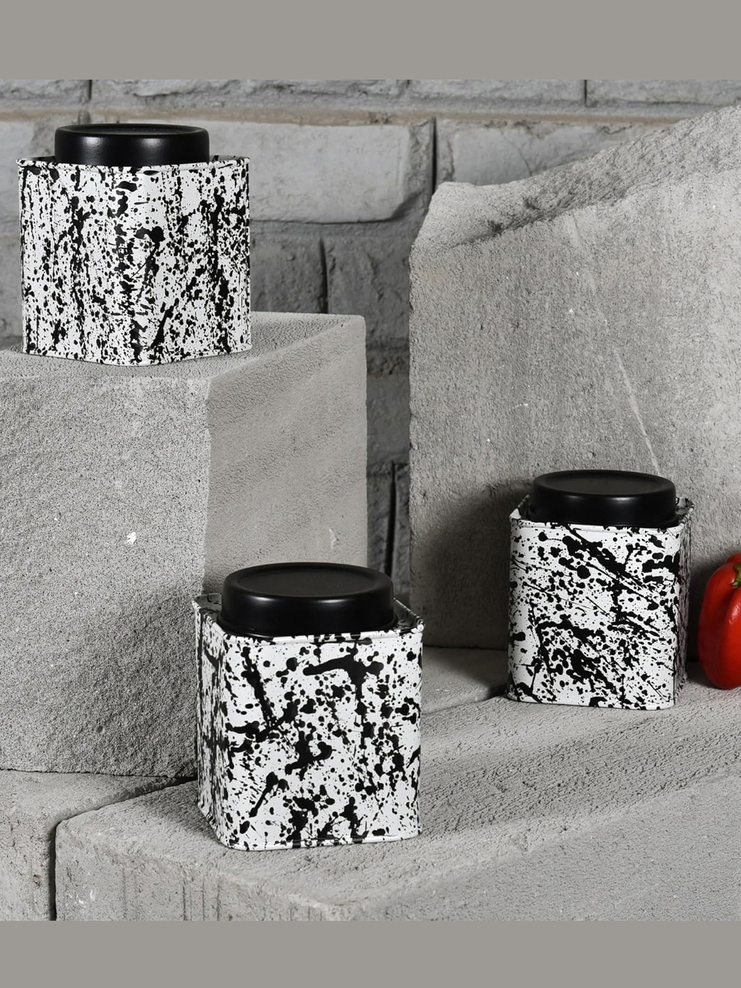 Living with Elan Splatterful Collection Black Abstract Stainless Steel Easy To Clean 3 Piece Screw Top Canister