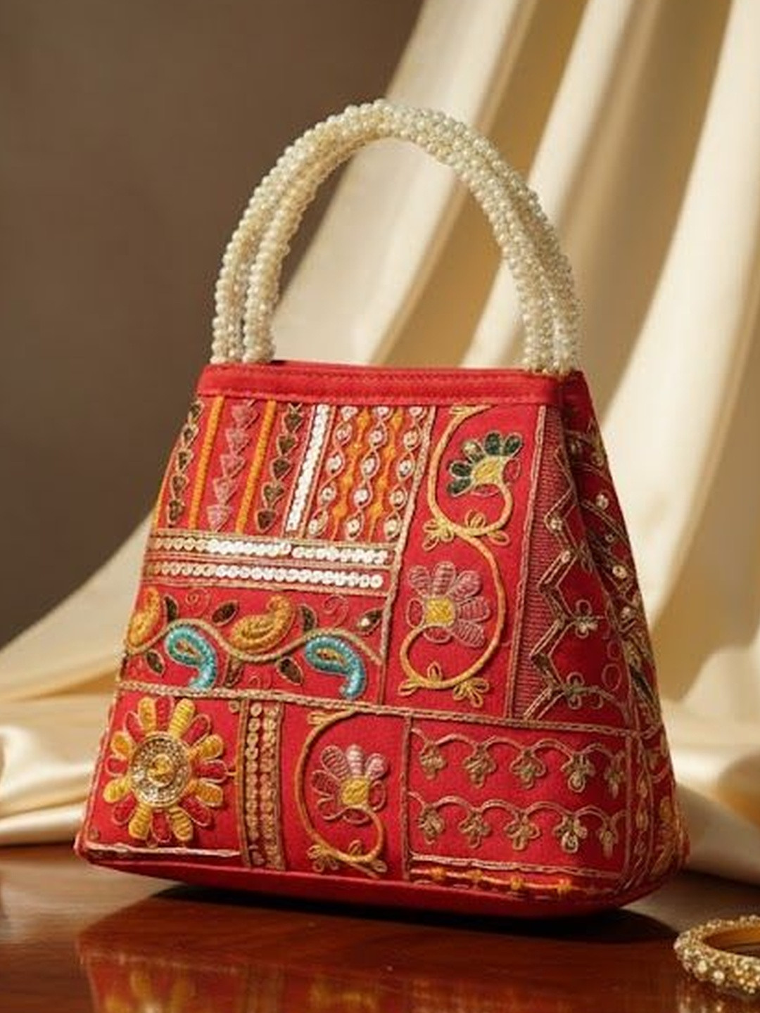 PANASH Ethnic Motifs Embroidered Water Resistant Small Structured Handheld Bag