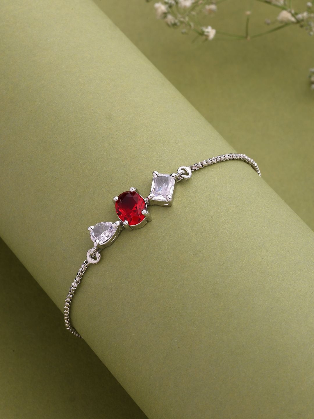 ZENEME Women Red Rhodium Plated American Diamond Studded Wraparound Bracelet