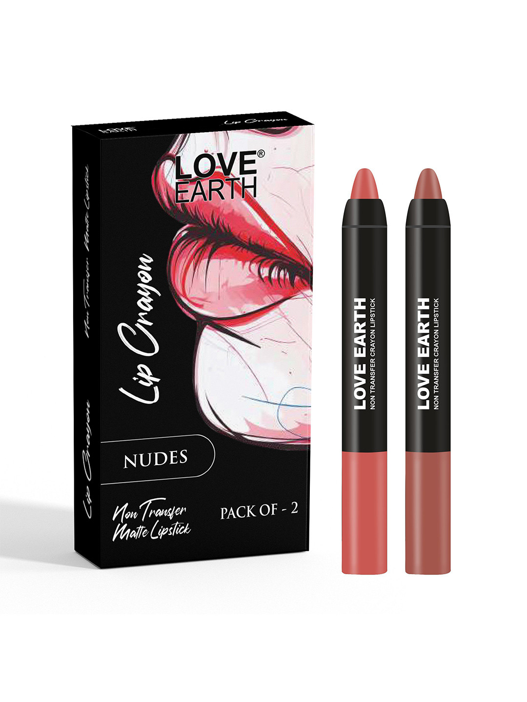 LOVE EARTH Set Of 2 Non-Transfer Matte Crayon Lipstick- 3.5 g Each- Nudes