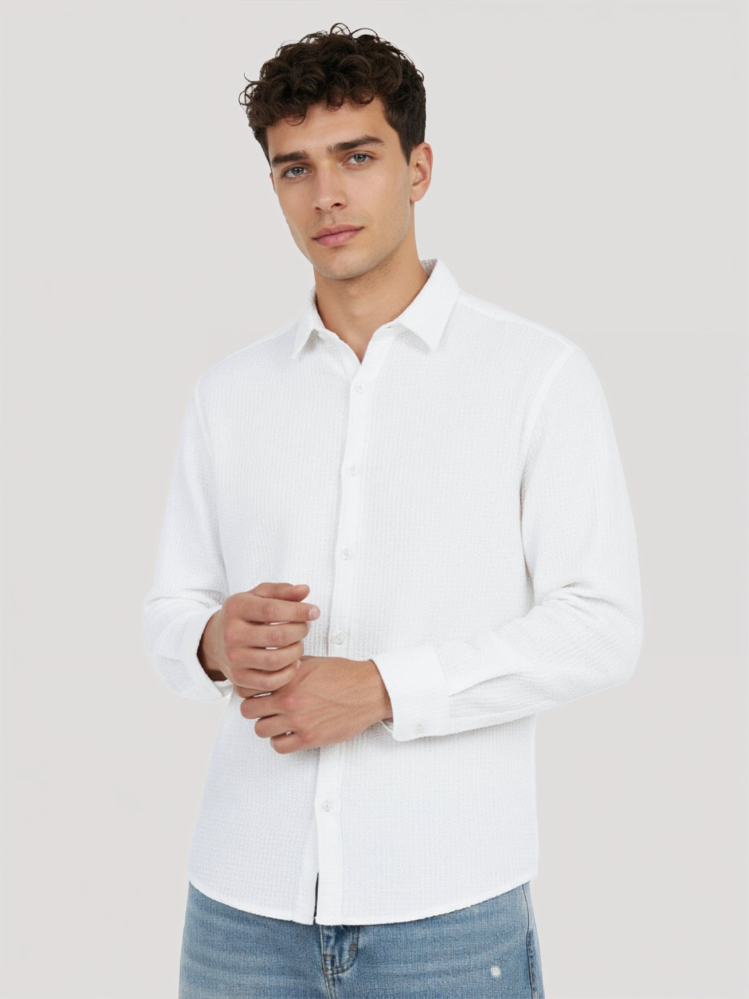 glitchez Waffle Knit Cutaway Collar Relaxed Fit Casual Shirt