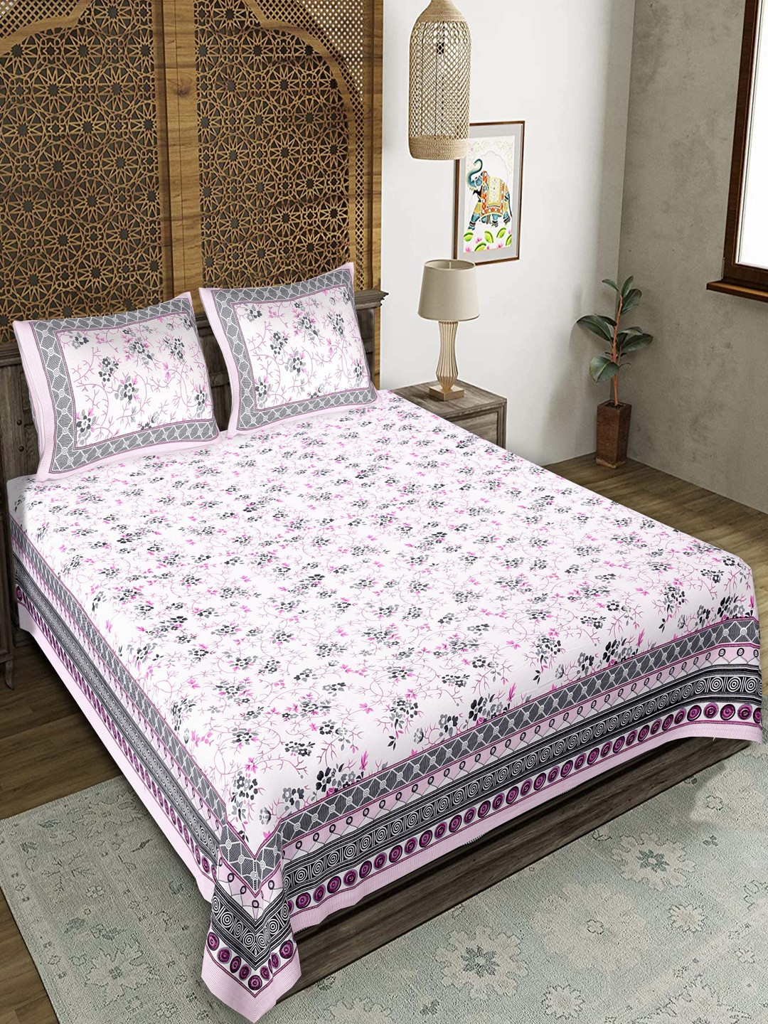 JEEVAT Pink Floral 220 TC King Bedsheet with 2 Pillow Covers