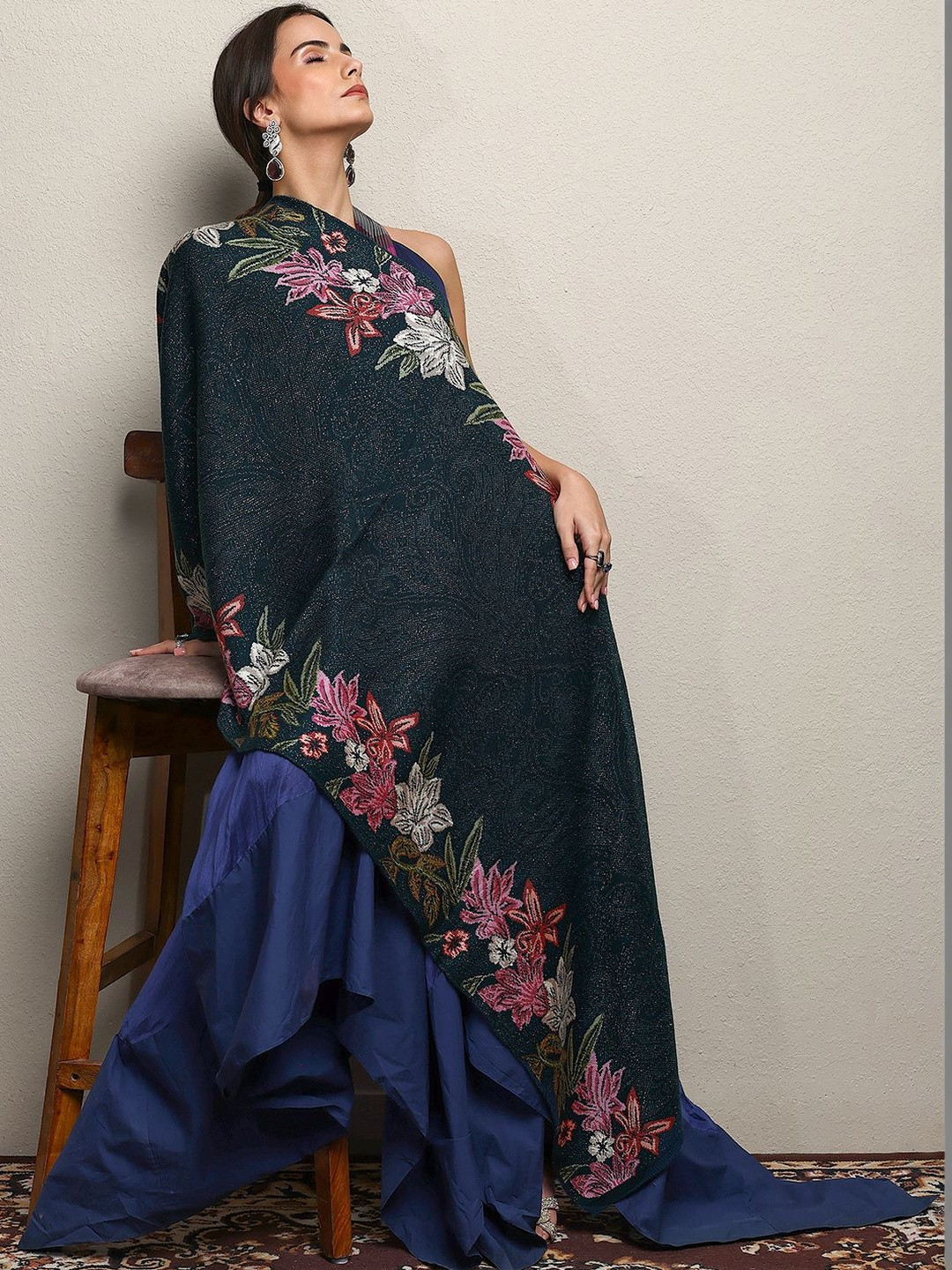 Libas Women Teal Woven Design Wool Wrap Shawla