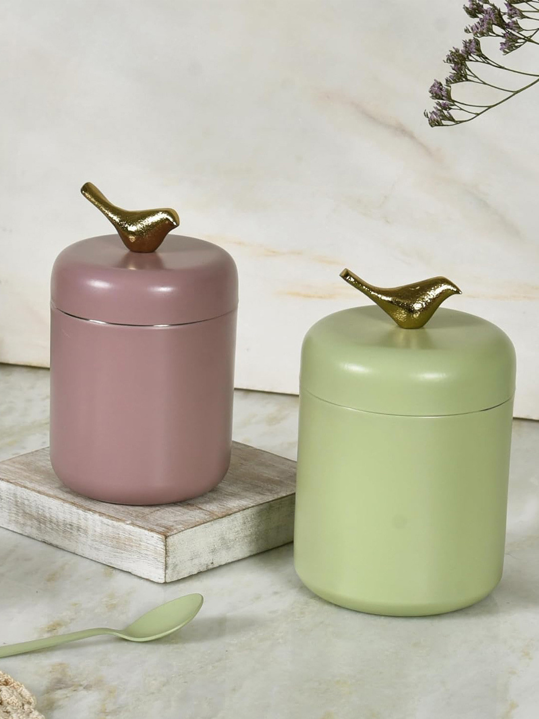 Living with Elan Bird Curve Green Stainless Steel Air Tight 2 Piece Clip-On Canister