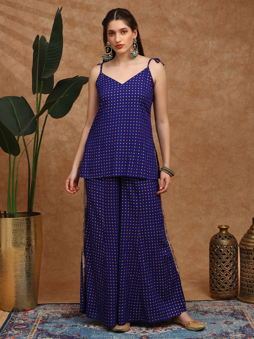Globus Foil Print V-Neck Tie-Up Shoulder Strap Tassel Detail Top & Palazzos Co-Ords