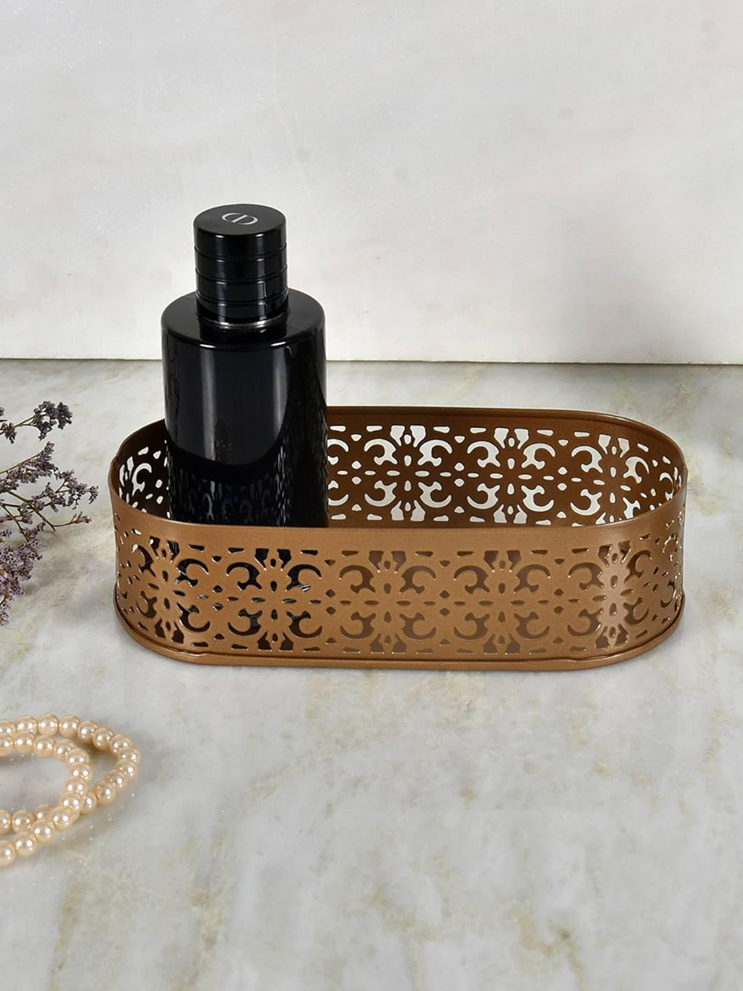 Living With Elan Flecked Gold Toned Floral Laser-Cut Oval Serving Tray