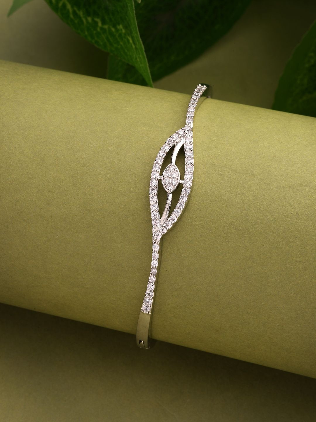 ZENEME Women Rhodium Plated Cubic Zirconia Classic Cuff Bracelet
