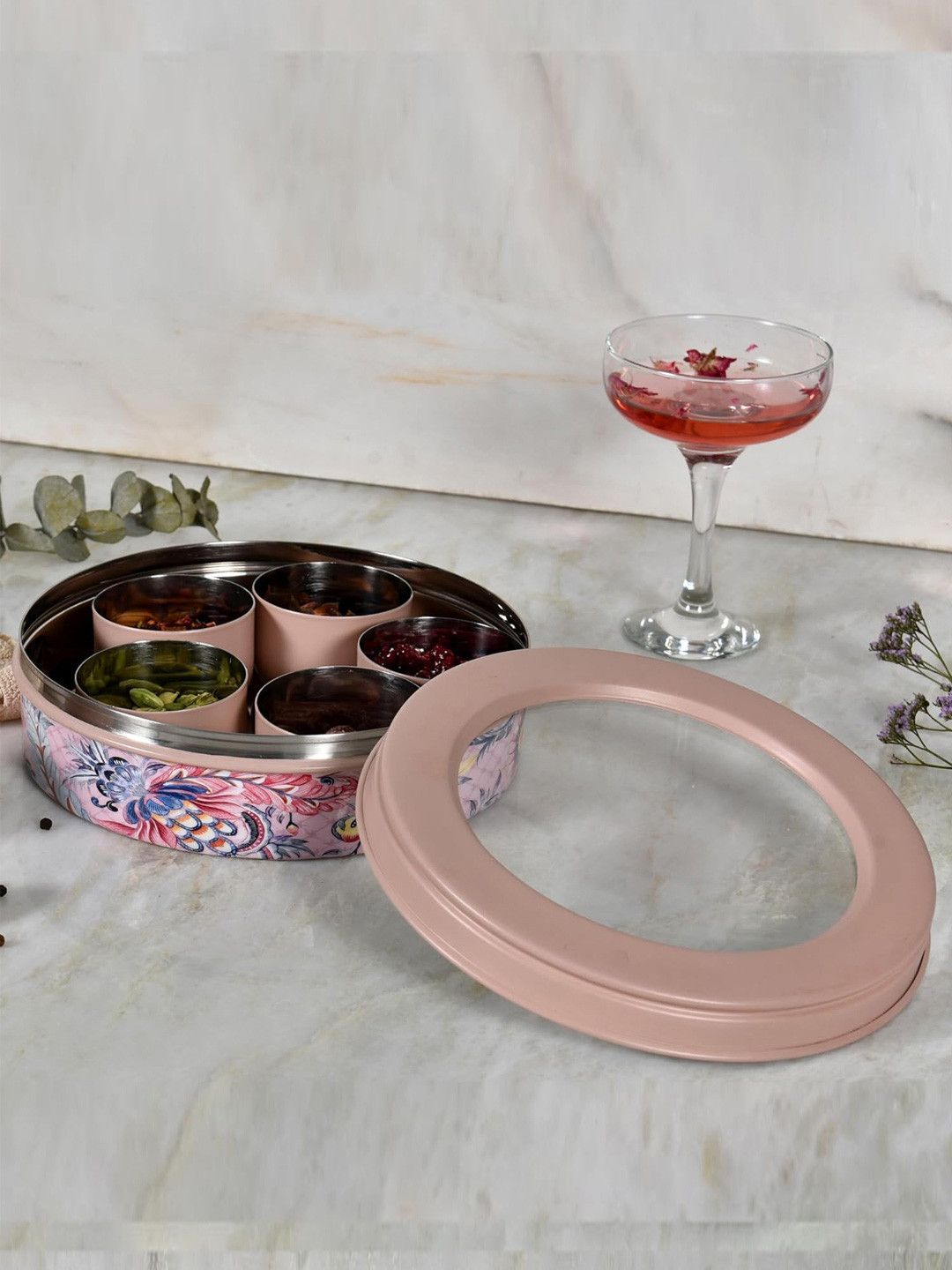 Living With Elan Gingham & Blooms Mauve Floral 7 Compartment Spice Box with Spoon 1500 ml