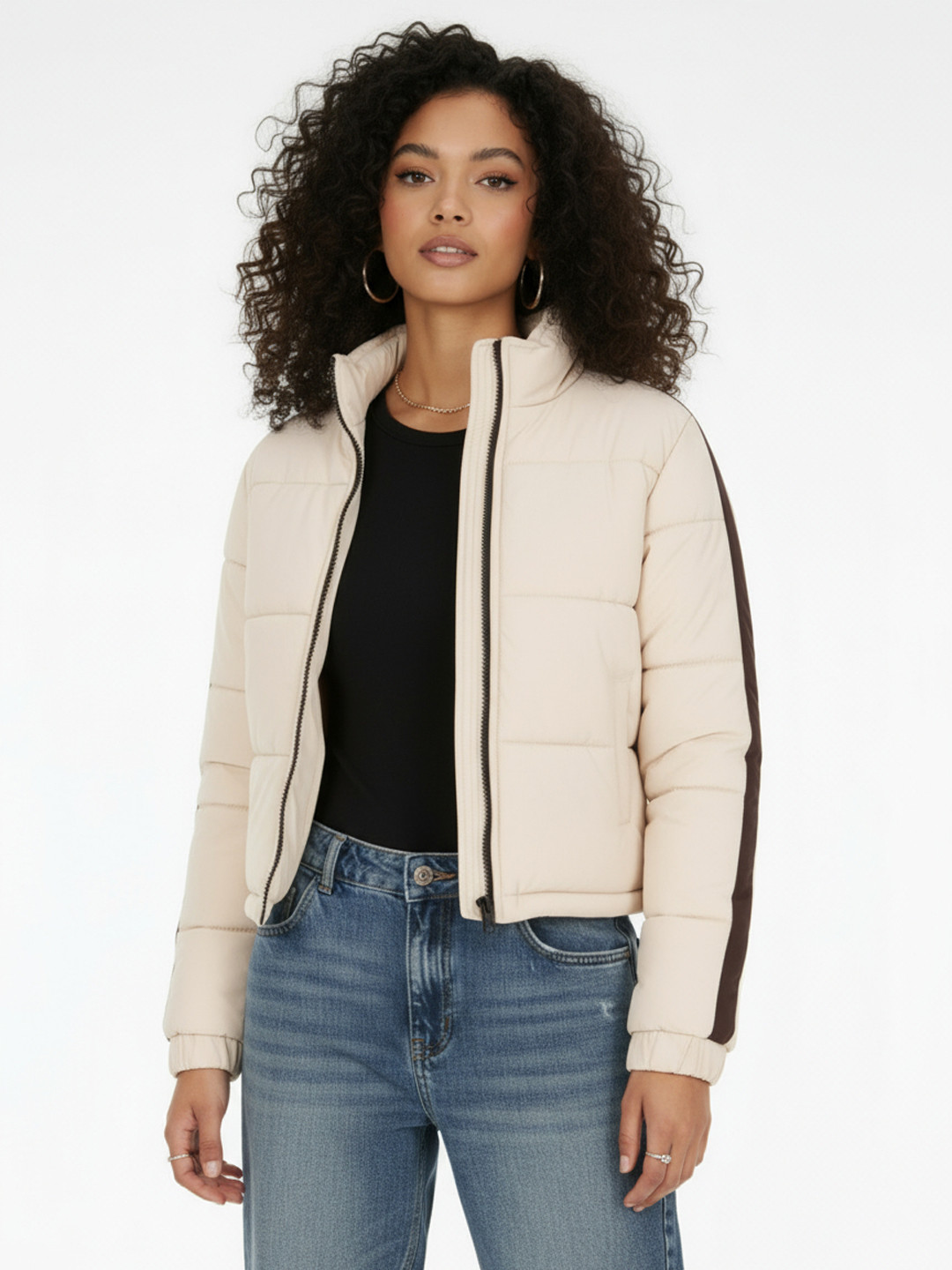 glitchez Mock Collar Sleeve Taping Detailed Puffer Jacket