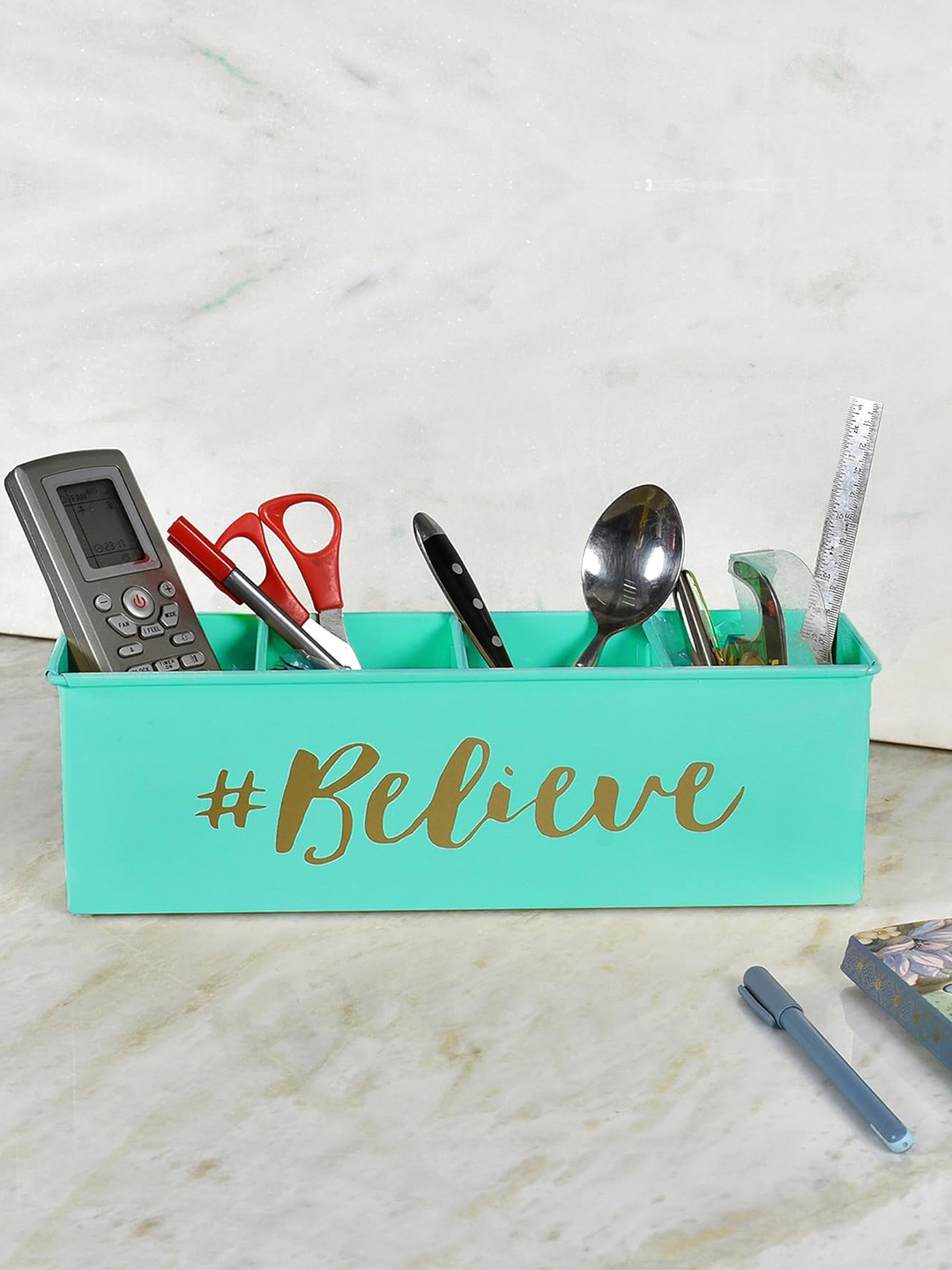 Living With Elan Blue Typography Printed 4 Compartments Reusable Desk Organizer