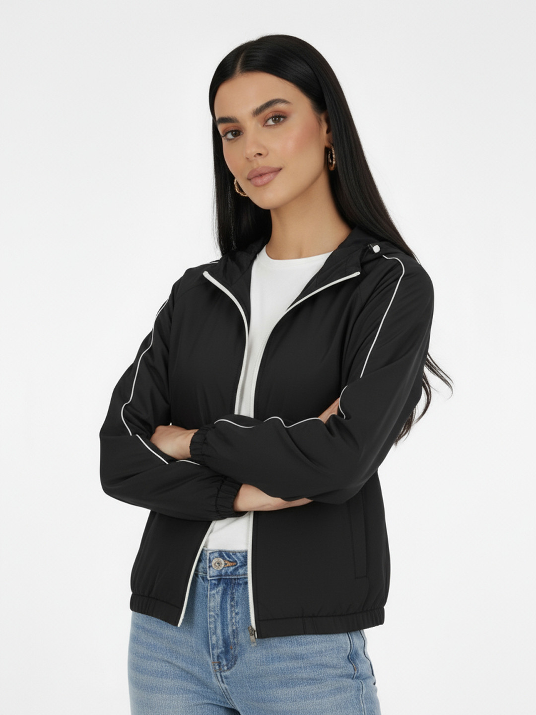 glitchez Hooded Relaxed Packable Bomber Jacket with Contrast Piping