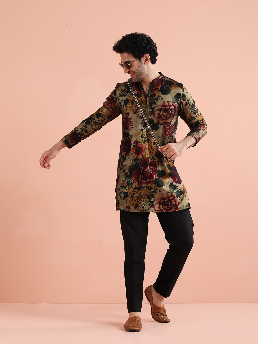 KISAH Men's Multi-Color Art Silk Mid Kurta  Floral Printed Festive Kurta