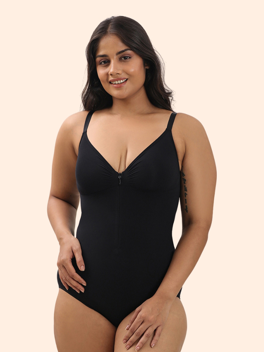 Women Adjustable Shoulder Straps Sleeveless Front Zip Brief Bodysuit Nylon Shaper