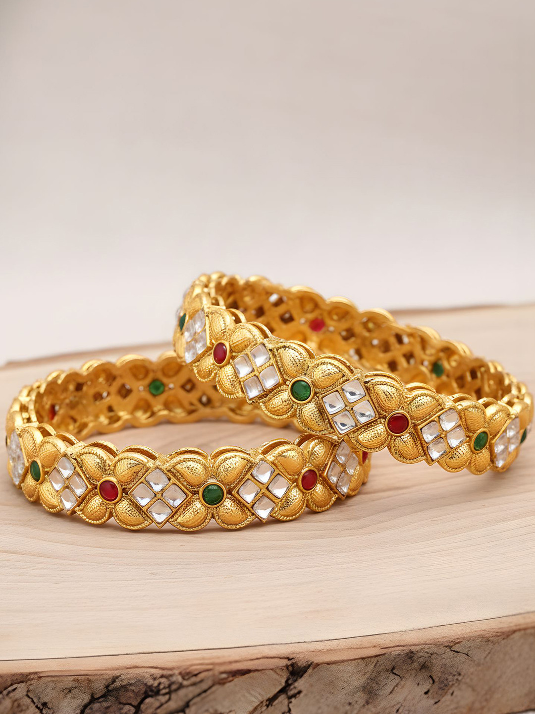 KARATCART Set Of 2 Gold-Plated Kundan-Studded Bangles