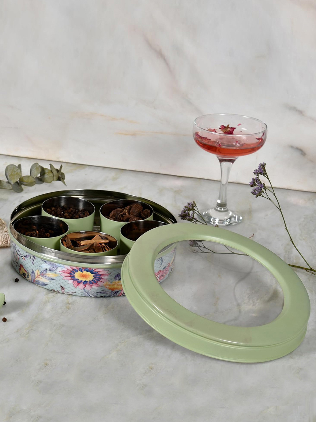 Living With Elan Gingham & Blooms Green Floral 7 Compartment Spice Box with Spoon 1500 ml