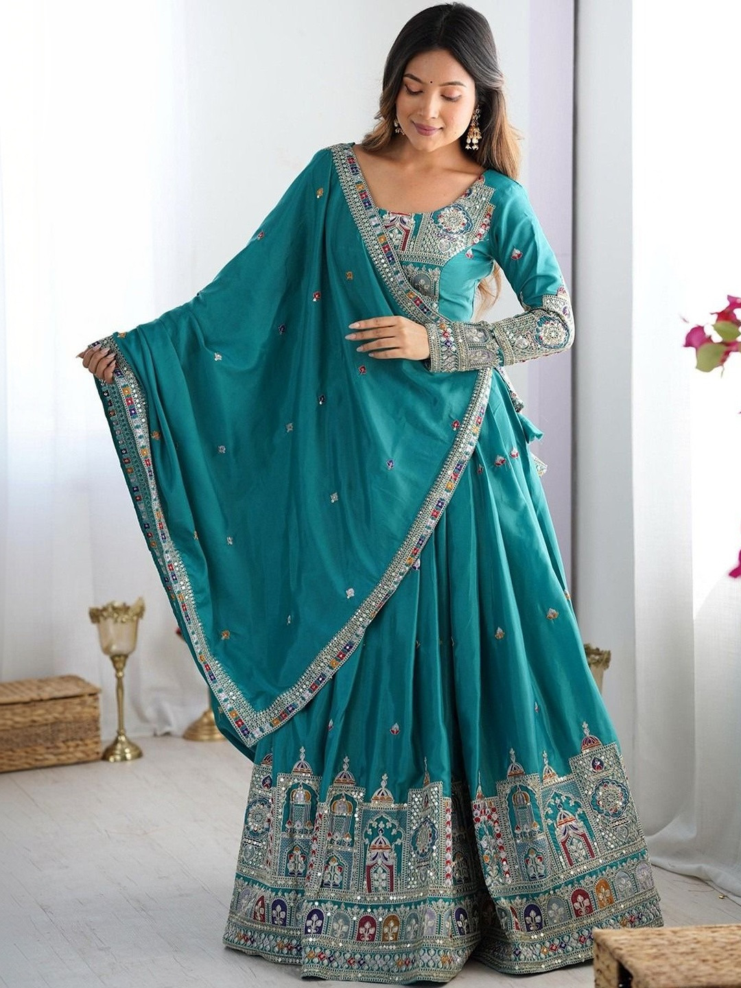 Cute fellow Embellished Mirror Work Ready to Wear Lehenga & Blouse With Dupatta