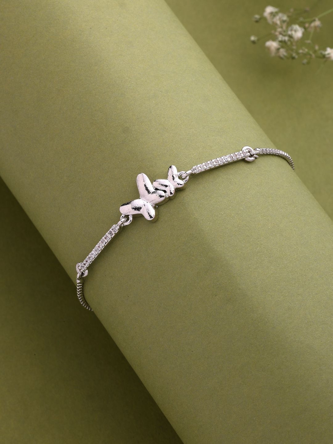 ZENEME Women Rhodium Plated Cubic Zirconia Studded Butterfly Shaped Wraparound Bracelet