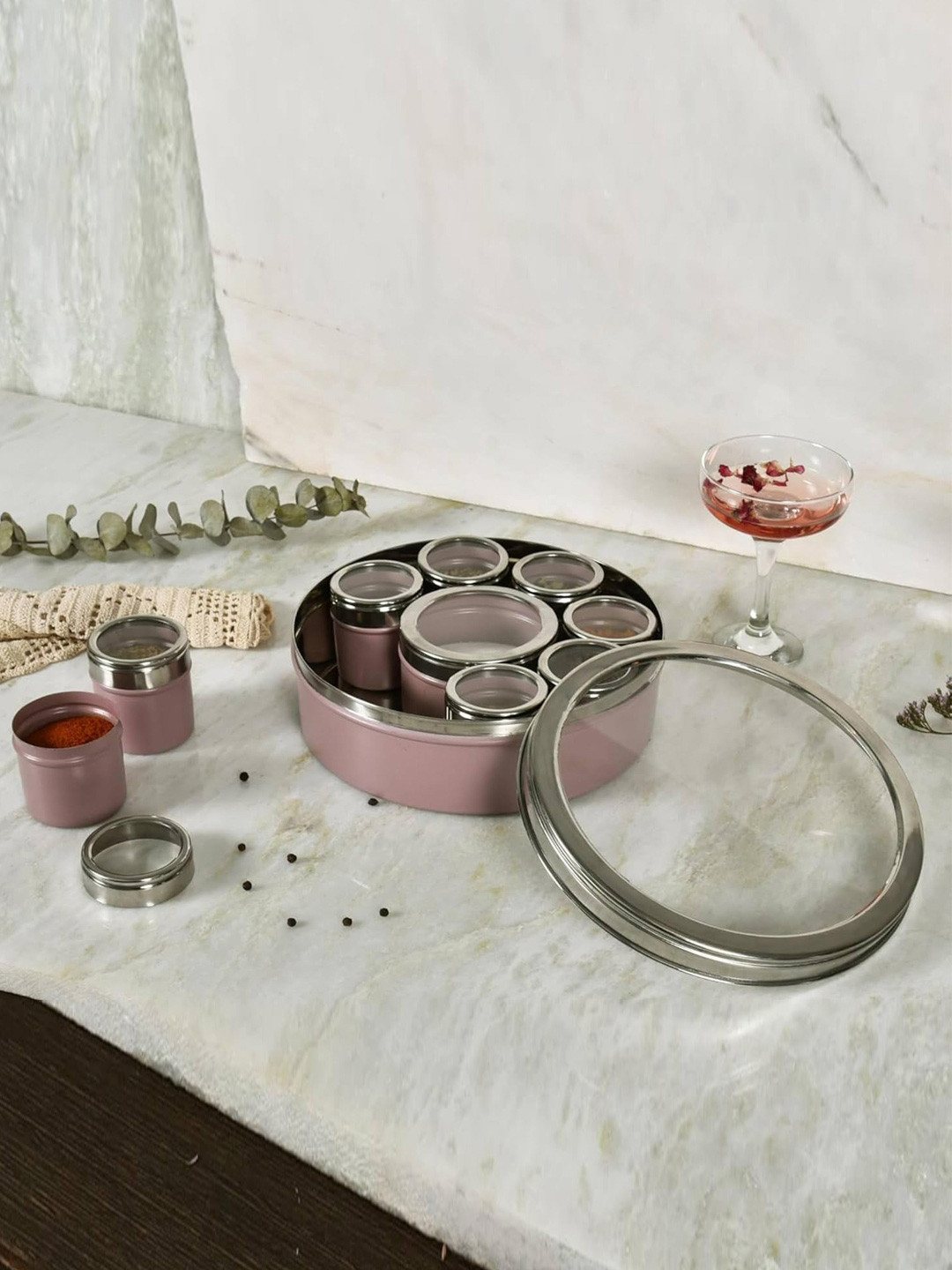 Living With Elan Mauve 9 Compartment Stainless Steel Spice Box with Spoon