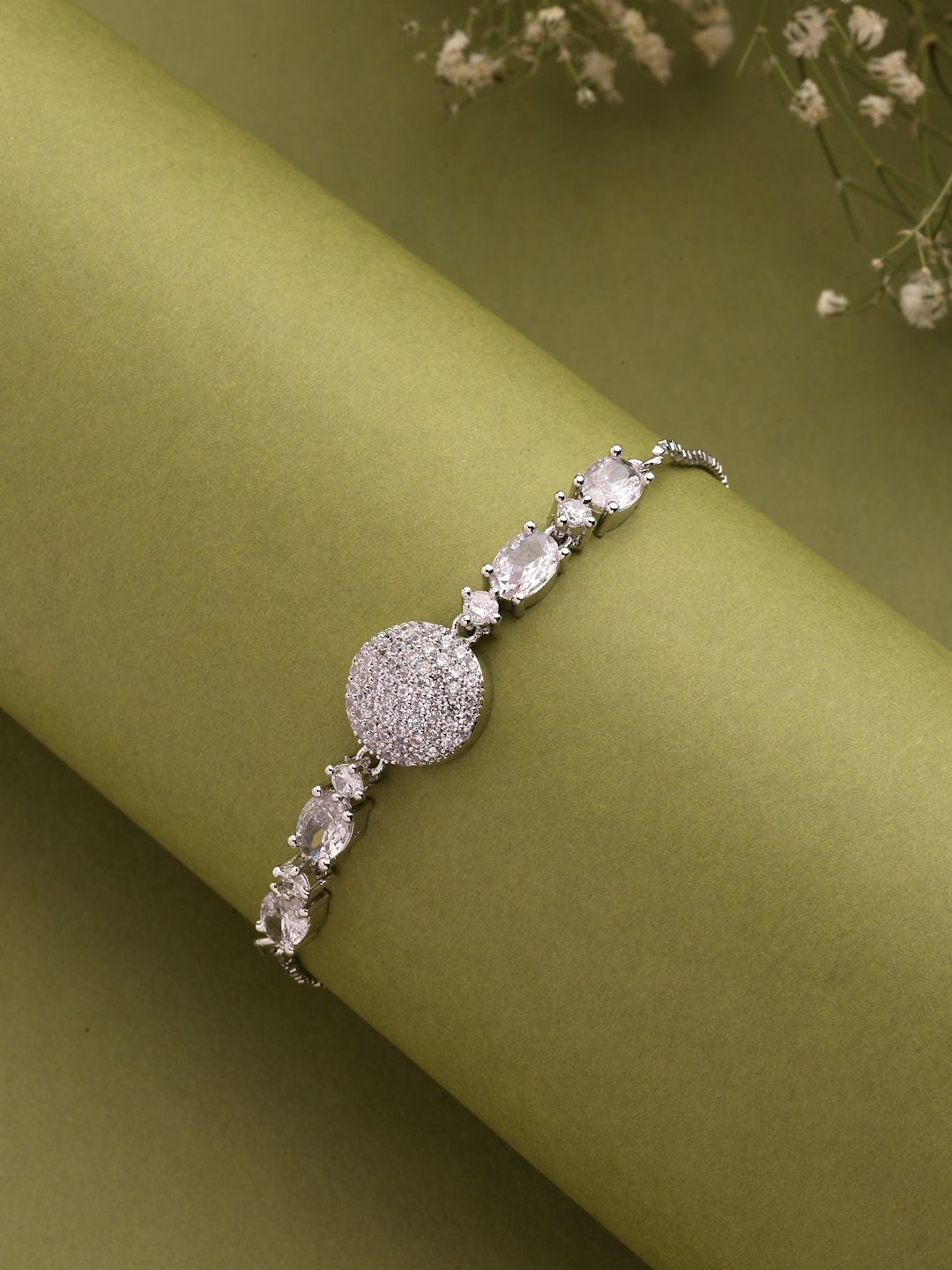 ZENEME Women Rhodium Plated American Diamond Studded Round Shaped Wraparound Bracelet