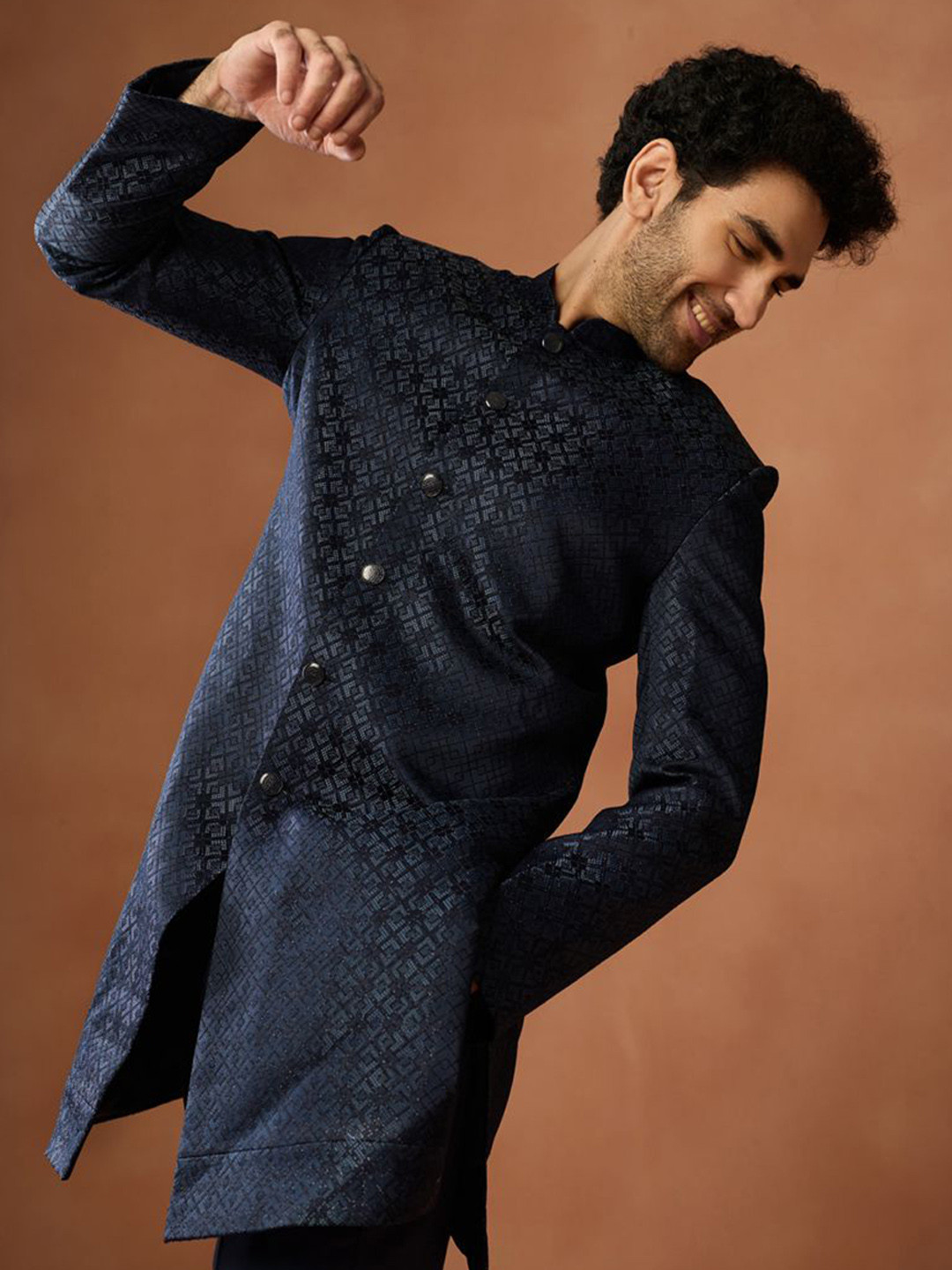 KISAH Men Indo Western Sherwani Trouser Set Jacquard Achkan with Red Pocket Square