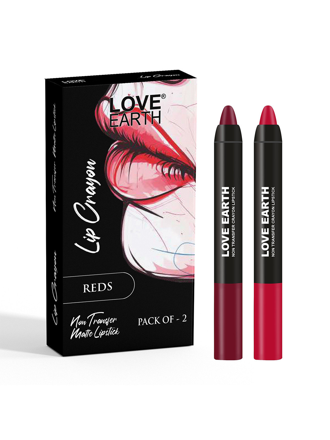 LOVE EARTH Set Of 2 Non-Transfer Matte Crayon Lipstick- 3.5 g Each- Reds