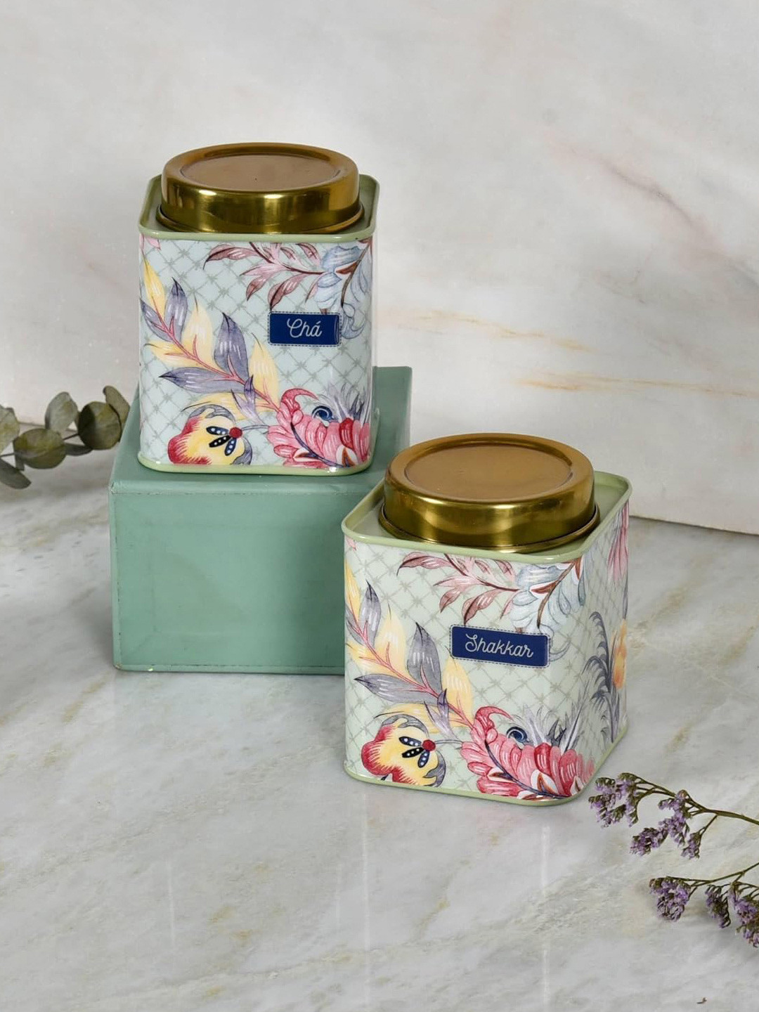 Living with Elan Gingham & Blooms Green Floral Stainless Steel Air Tight 2 Piece Clip-On Canister