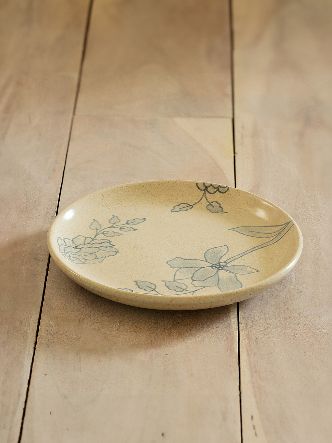 ellementry Cream-Coloured & Teal Blue Printed Fiore Ceramic Side Plate