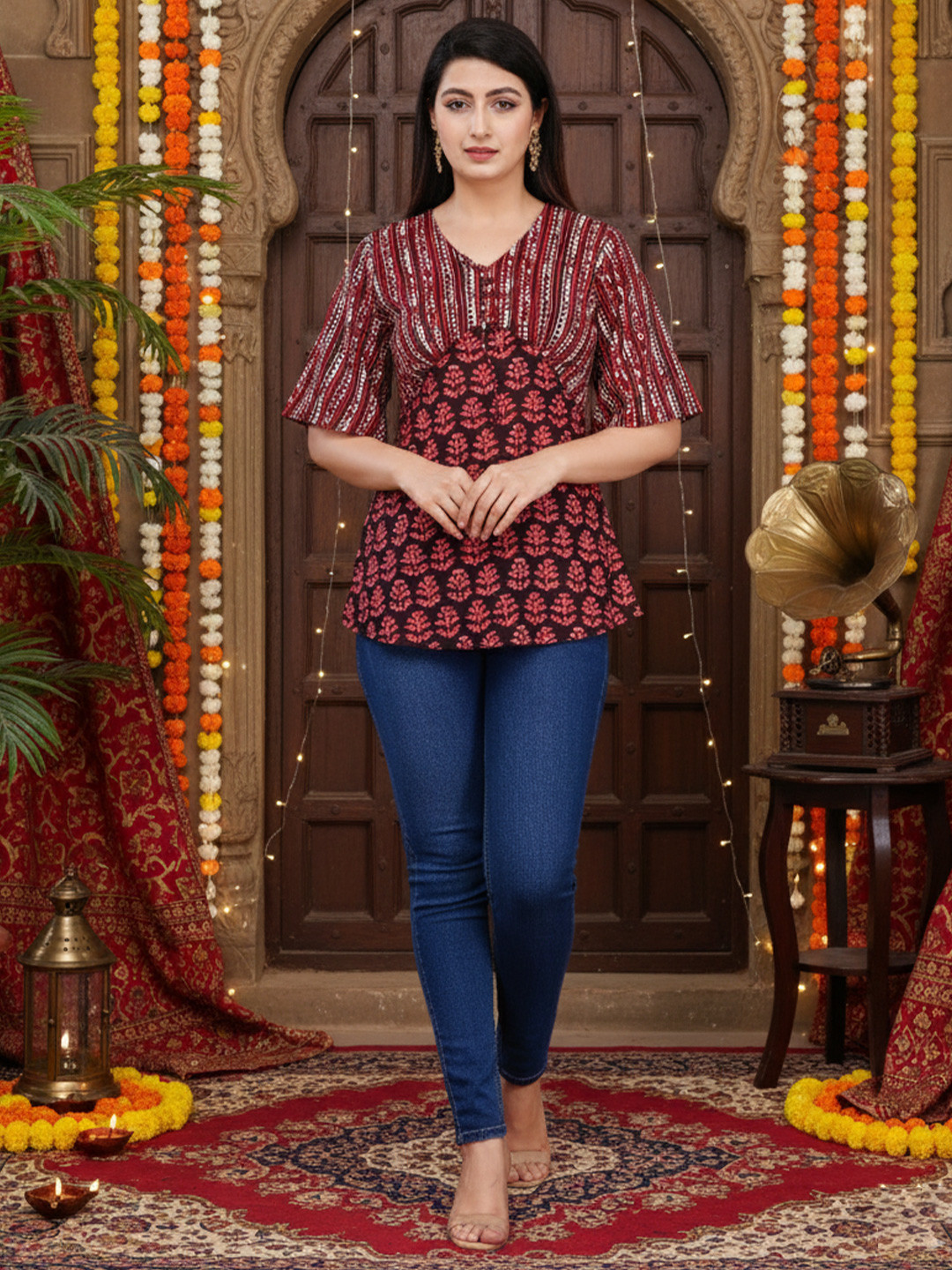 Billion Print Bell Sleeve Cotton Blouson Crop Top