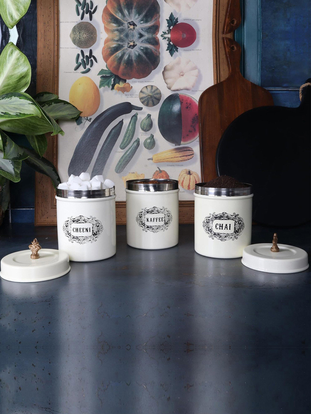 Living with Elan off White Typography Stainless Steel Easy To Clean 3 Piece Flip Top Canister-650ml